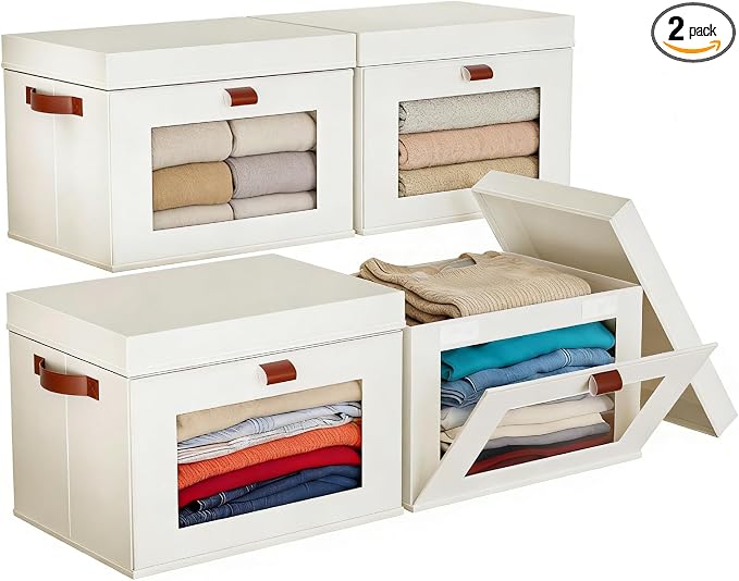 4-Pack Large Storage Bins with Lids,Stackable&Collapsible Closet Storage Bins,Oxford Fabric Organizer Box with Clear Window,Large Decorative Storage Boxes for Closet,Dorm16.5"x11.8"x11"