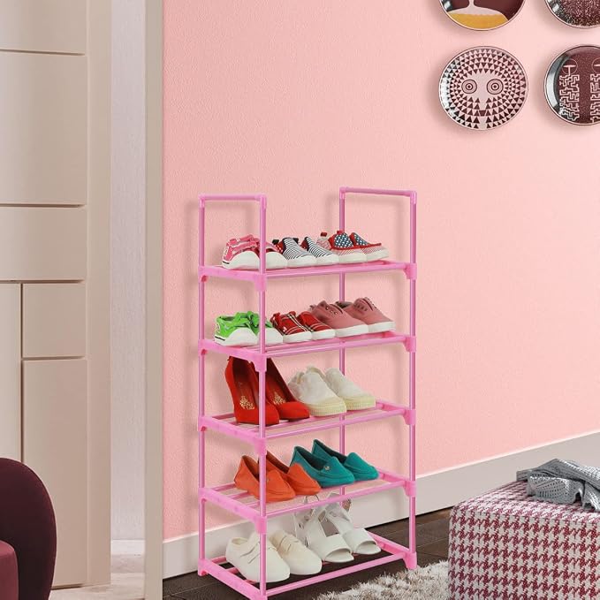 LNYZQUS 5-Tier Small Kids Shoe Rack Organizer, Pink Toddler Shoe Shelf Shoe Stand for Closet Narrow Space,Mini Shoe Storage Rack Short Shoe Tower for Women & Girls(Full Pink)