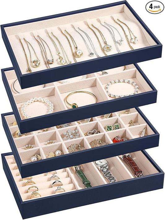 LANDICI Stackable Jewelry Organizer Trays 4 Set,PU Leather Jewelry Organizer Drawer,Jewelry Storage Display Tray for Earring Necklace Rings Bracelet with Removable Dividers,Dark Blue