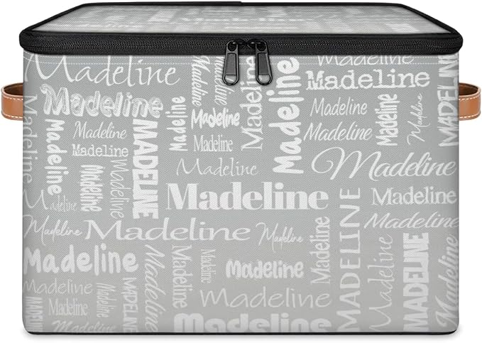 Custom Storage Basket with Name, Personalized Keepsake Box with Zipper Lid, Foldable Fabric Memory Bin Large capacity with Handle Grey