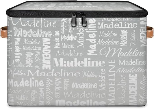 Custom Storage Basket with Name, Personalized Keepsake Box with Zipper Lid, Foldable Fabric Memory Bin Large capacity with Handle Grey