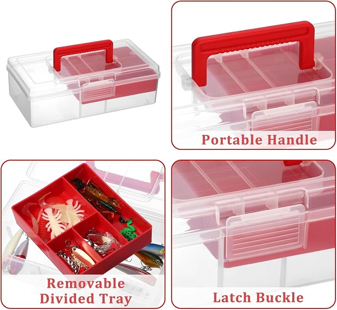 JUXYES Clear Art Craft Supply Storage Bin Sewing Box With Handle Lid | Plastic Carry Storage Box with Removable Tray, 2 Layers Portable Storage Case for Art Craft, Sewing, School Office Supplies