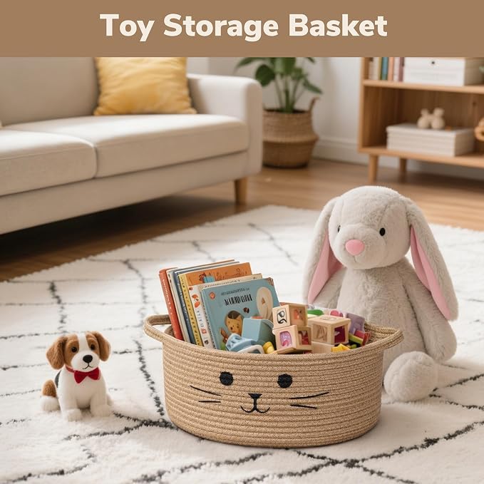 Cat Toy Basket, 13.8" x 6" Wicker Basket for Shelves Living Room, Medium Baby Gift Baskets for Nursery, Pet Dog Toy Box, Jute
