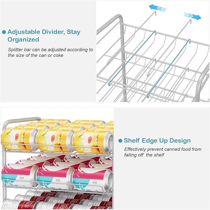 Vrisa Can Organizer for Pantry 5 Tier Canned Food Organizer Can Storage Rack Holds Up to 60 Cans Rolling Soda Soup Vegetable Can Goods Dispenser Shelf for Kitchen Pantry Cabinet, Silver