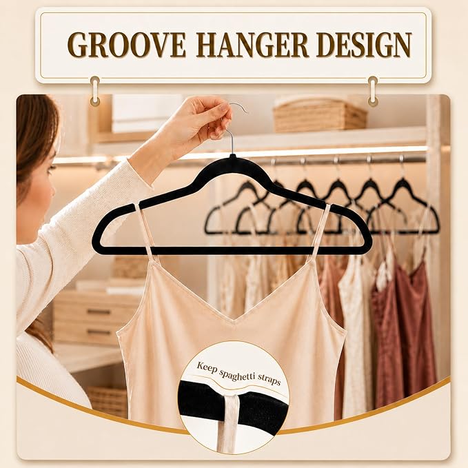 Velvet Hangers 50 Pack, Non Slip Clothes Hangers with Shoulder Notches, Slim Felt Hanger with 360° Swivel Hook, Space-Saving, Heavy Duty, for Coat, Shirt, Pants, Dress, Suits, Black