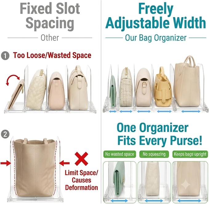 Vtopmart Free-Adjustable Purse Organizer for Closet with 1 Extendable Base & 8 Slide-Freely Dividers, Fits Different Bag Sizes & Closet Shelf, Customizable Spacing Shelf Dividers for Handbags, Wallets