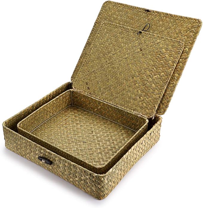 Hipiwe Natural Seagrass Storage Bins with Lid, Woven Wicker Basket Boxes Home Organizer Bins Shelf Organizer Box,Set of 2