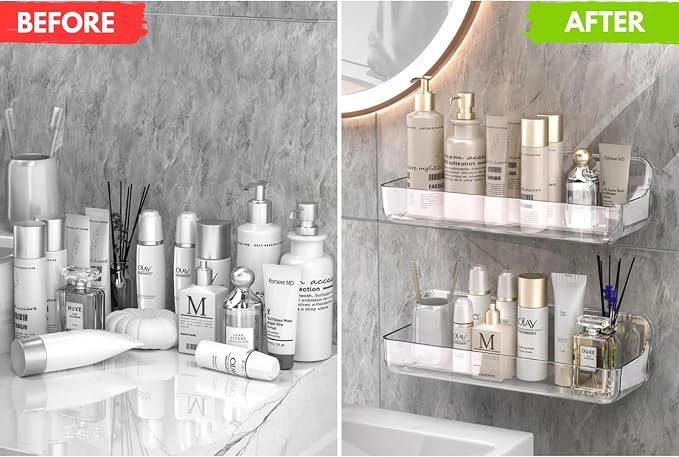 No-Drill Acrylic Shower Caddy – Wall Mounted Bathroom Shelf with Drain Holes, Strong Adhesive, Large Capacity for Shower, Kitchen, RV – Sandra Series