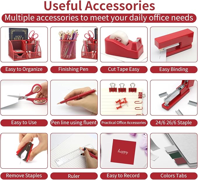 12 in 1 Red Desk Organizers and Accessories for Office Home School | Red Office Supplies for Coworkers Students, Include Stapler, Pen Holder, Tape Holder, Scissors, Ruler, Staple Remover