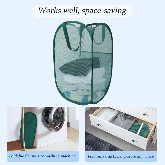 Upgraded 100L Extra Large Collapsible Laundry Baskets, 2 Pack XL Mesh Pop Up Laundry Hamper with Handles, Portable Travel Laundry Basket, Foldable Hamper. Green