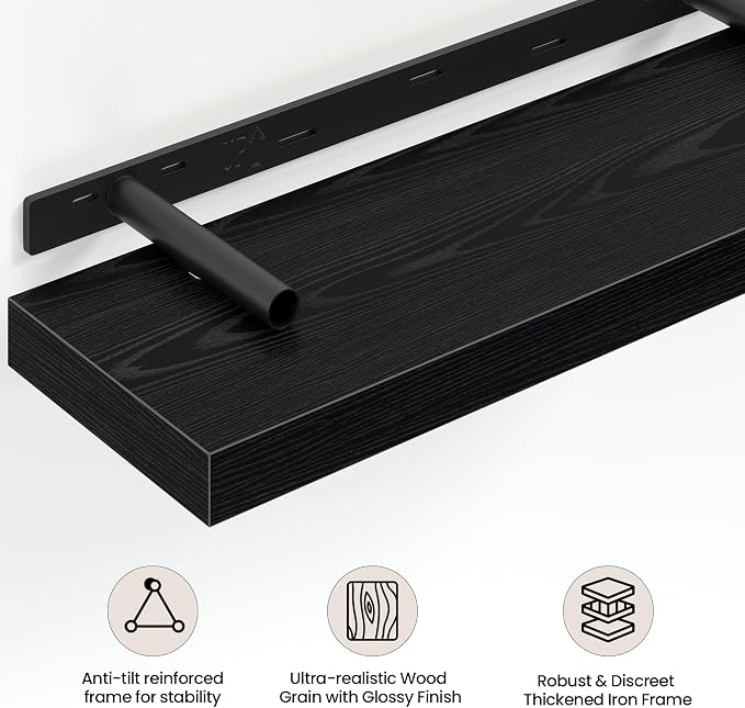 Vivelove 24 Inch Floating Shelves Wall Mounted for Display, 6.5 Deep Duty Shelves with Invisible Brackets for Living Room,Bedroom,Kitchen, Bathroom Storage & Decor,24" Wx6.5 Dx1.4 H - Black