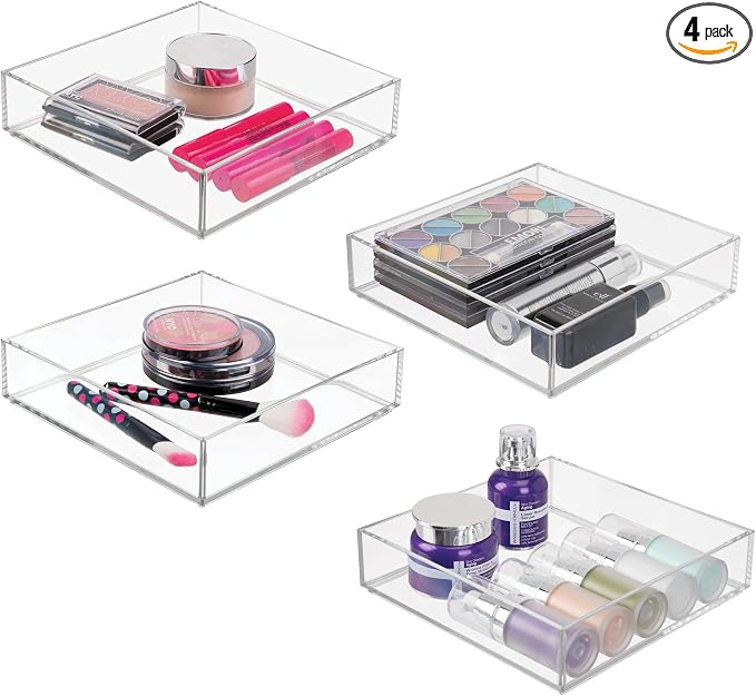 iDesign Stackable Makeup Drawer Organizer Tray, Set of 4, Clear | Vanity Organizer, Desk Organizer