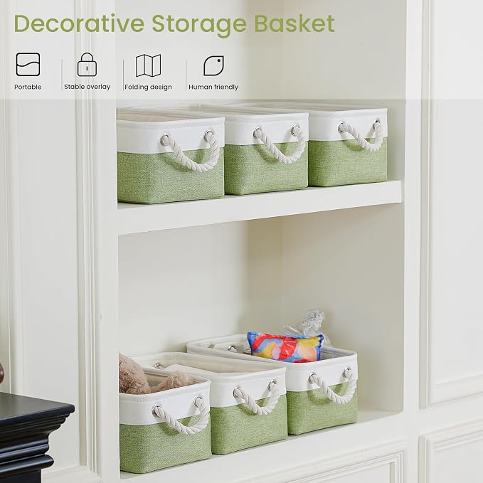 Storage Baskets for Shelves 11.8x7.9x5.2 Inch, Foldable Fabric Storage Bins with Handles, Small Storage Baskets for Organizing Closet, Office, Home Organization (3-Pack, White&Green)