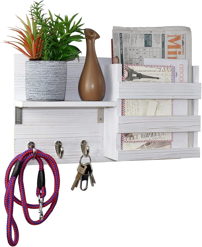 Wall-Mounted Key Hooks Holder and Mail Sorter - Rustic Wood White - Entryway Organizer for Letters, Leashes, and Purses - Floating Shelf, 16.5” W x 9.75" H x 4.5” D