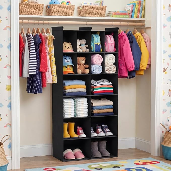 Ofiray-home 6 Tier Hanging Closet Organizer, 16 Compartments Sweater Organizer for Closet with 3 Sturdy Hooks, Closet Organizers and Storage, Wardrobe, Rv, Garment Rack, Black