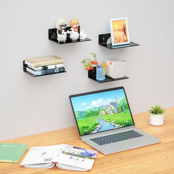 9 Inch Black Wall Shelves 4 Pack, Acrylic Wall Mounting Ledges Display, Acrylic Display Wall Shelf for Funko Pop Figures, Collectibles, Plants, Décor, Toiletries, Spices Jars, 4 Pack