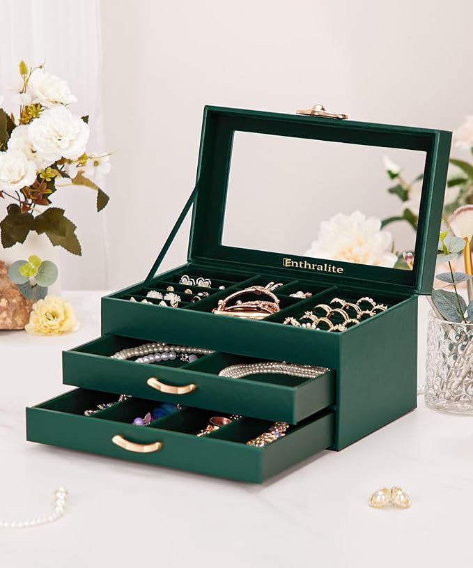 Enthralite Jewelry Box with 2 Drawers : Jewelry Display Organizer for Earrings Necklaces - Gift for Girls Women | Forest Green