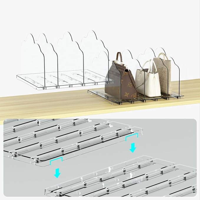 ANTOWIN 2 Pack Clear Adjustable Purse Organizers for Closet, Shelf Divider, Handbag Separators Storage Organizer for Bedroom, Office, Easy to Install and Clean
