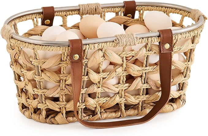 Egg Baskets for Collecting Fresh Eggs Farmhouse Handmade Wicker Hyacinth Egg Collecting Basket with Handle