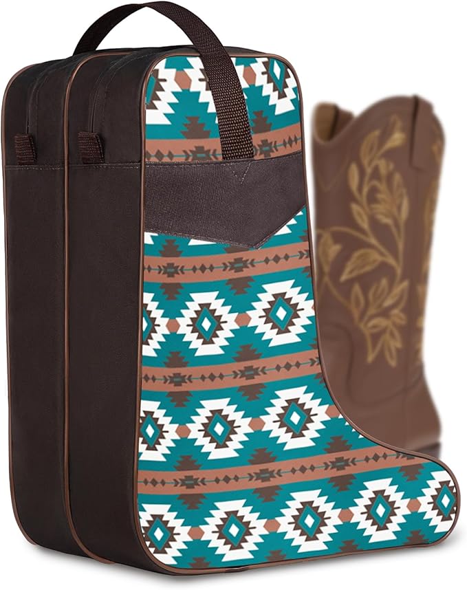 Cowgirl Boot Bag with Southwestern Aztec Pattern, Fits Boots Up to 17 Inches, Dual-Zipper Storage for Cowboy Boots, Ideal for Rodeo, Equestrian, and Travel