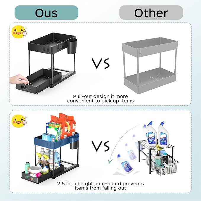 2 Pack Under Sink Organizer with Pull-Out Drawer, Black | 2-Tier Cabinet Storage, Kitchen & Bathroom, Tool-Free Assembly, Fits Cleaning Supplies & Toiletries, Space Saving