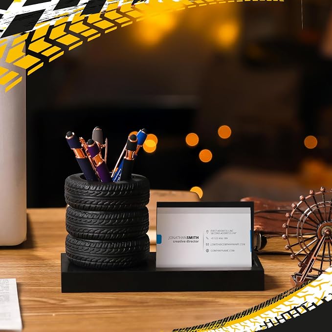 Sherr Tire Shape Stationery Set Car Salesman Gift Tire Stack Pen Holder Business Card Holder Car Salesman Desk Accessories for Desk Office Mechanics Gifts