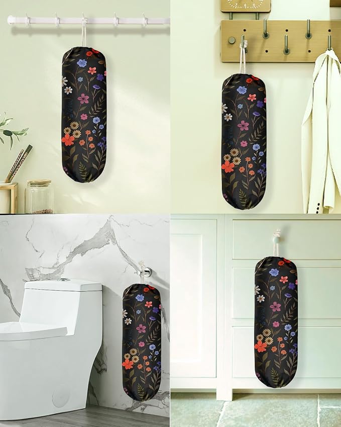 Plastic Bag Holder Organizer - 1 Pack Reusable Canvas Grocery Bags Holder Hanging Wall Cute Aesthetic Shopping Bag Storage Dispenser with Drawstring Closure for Kitchen Home, Black Floral