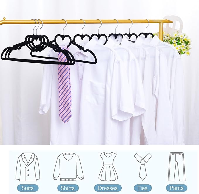 Velvet Hangers 50 Pack,16 Inch Non Slip Adult Heart Hanger (Black) | 360° Swivel Hooks, Cascade Design, Space Saving