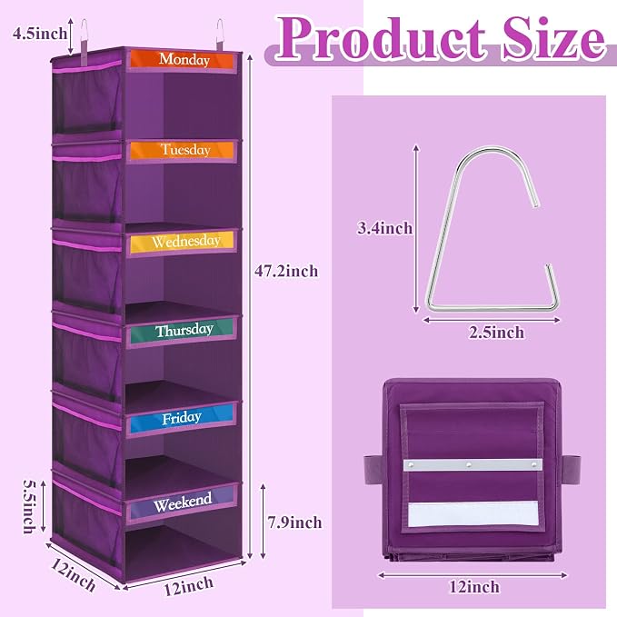 Amylove 2 Pack 6 Shelf Weekly Clothes Organizer for Kids with Side Pocket, 47 Inch Days of the Week Clothes Organizer, Monday to Friday Daily School Outfits Clothing Divider for Kids(Purple)
