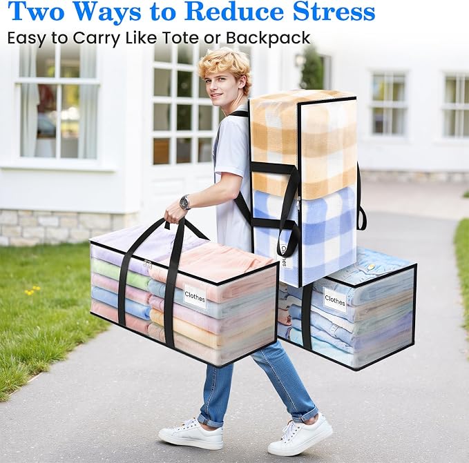 BlissTotes 10-Pack Large Moving Bags with Backpack Straps & Strong Zippers, Heavy-Duty Storage Bags Moving Boxes for Space Saving, Dorms, Transport, 76L-20 Gallons, Clear
