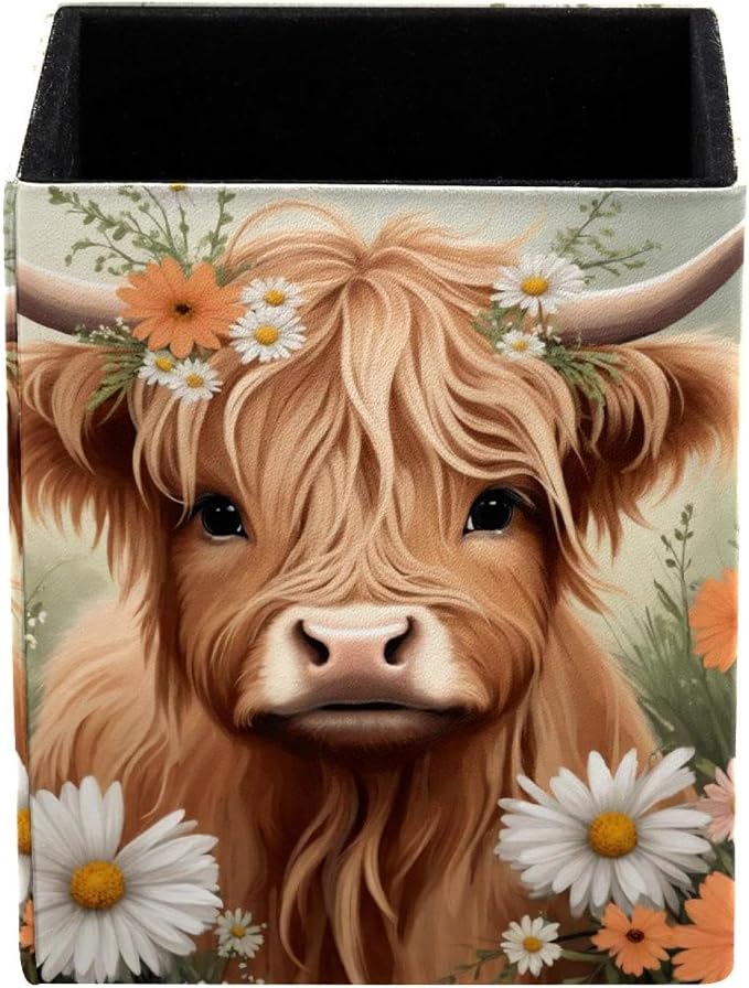 Pen Holder for Desk, Highland Cow Daisies Pencil Holder, Pen Cup Functional Desk Organizer for Office Supplies