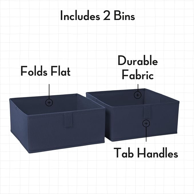 RiverRidge Kids 2pc Folding Storage Bins Set - 10.5” Bin Organizers with Handles - Navy Closet Organizers & Storage for Toys, Games, Shoes - Foldable Cube Storage Organizer Bins for Playroom, Nursery