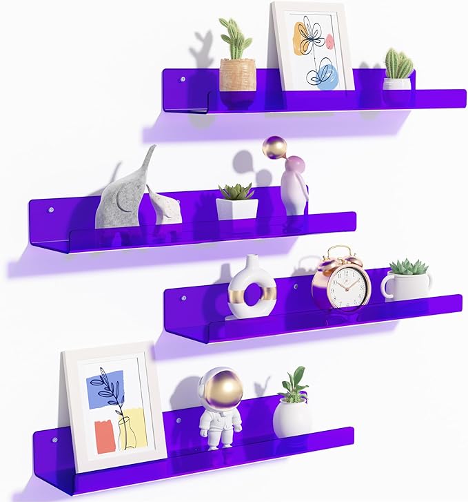 upsimples 4 Pcs 15" Acrylic Shelves for Wall Decor and Display, Purple | Cute Floating Shelf for Perfume, Skincare, Nail Polish, Wall Organizer for Bedroom, Living Room, Playroom, Room Décor