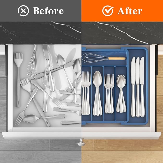 Lifewit Silverware Drawer Organizer, Expandable Utensil Tray for Kitchen, BPA Free Flatware and Cutlery Holder, Adjustable Plastic Storage for Spoons Forks Knives, 8.5"-14.1" x 12.1", Dark Blue