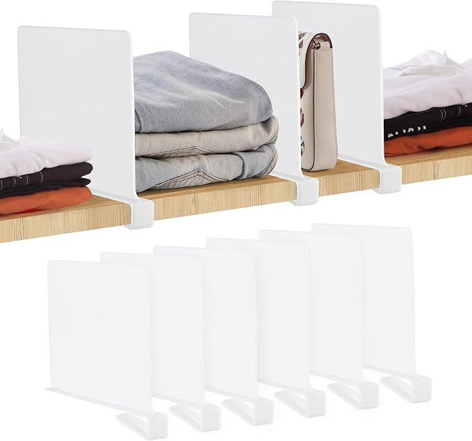 White Acrylic Shelf Dividers for Closets Organizer & Storage,6 Pack | Adjustable Vertical Wood Shelf Closet Separators, Keep Clean, for Clothes,Book,Bags, in Bedroom and Kitchen