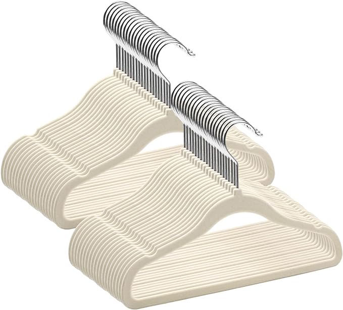GoodtoU Kids Velvet Hangers, 50 Pack, 11.8 in Non-Slip Baby & Toddler Clothes Hangers, Baby Felt Hangers with Notches & 360° Swivel Hooks for Space-Saving, Beige