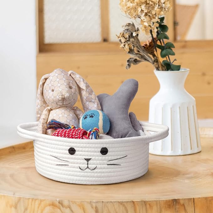 Small Woven Basket, Cute Cat Toy Basket for Living Room, Decorative Nursery Bin for Toys, Diapers, Empty Gift Baskets for Baby, White, 9.8 x 4 inches