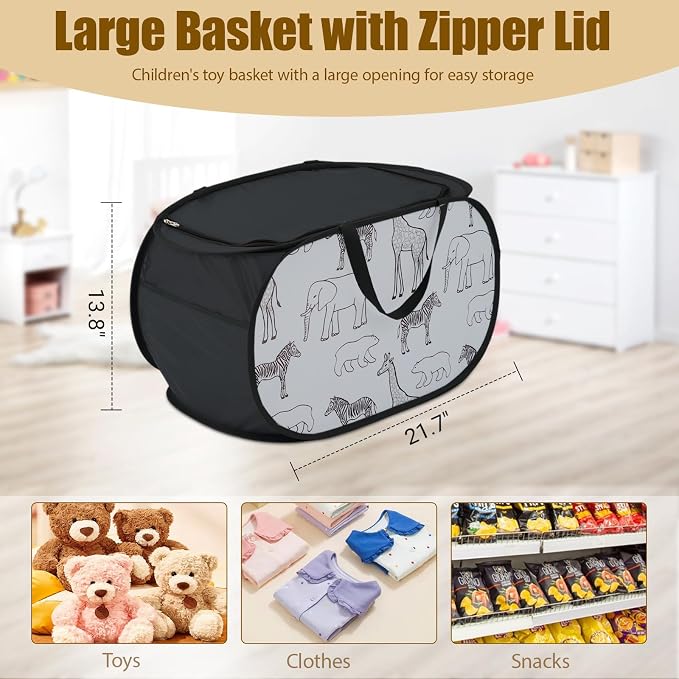 Stuffed Animal Storage Basket with Zipper Lid - Collapsible Toy Basket with Handles - Foldable, Lightweight Sturdy Fabric Animal Print Toy Basket Bin for Kids Room, Nursery, Playroom, Bedroom, Black