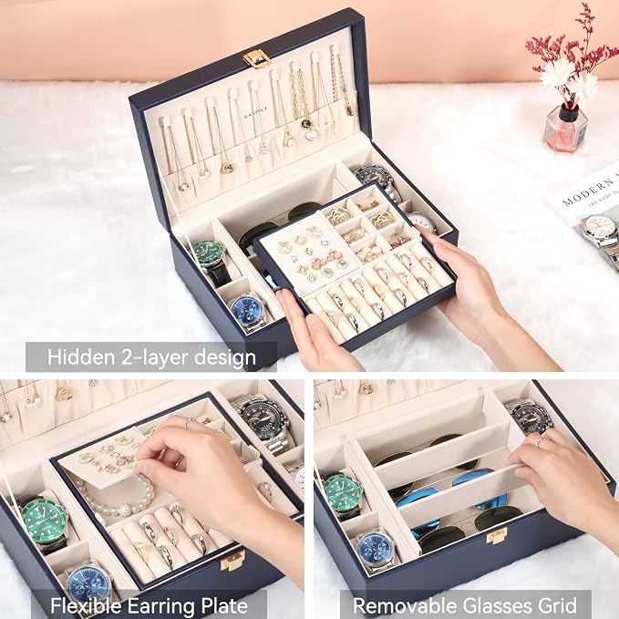 LANDICI Jewelry Box Organizer for Men Women, 2 Layer 4 Slot Watch Storage Case with Removable Tray, PU Leather Large Jewellery Holder Display for Watches Sunglasses Rings Earrings Necklace,Dark Blue