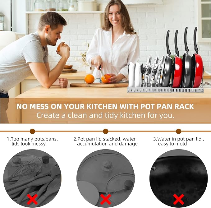 ROOHUA Pot Rack Organizer -Expandable Pot and Pan Organizer for Cabinet,Pot Lid Organizer Holder with 10 Adjustable Compartment for Kitchen Cabinet Cookware Baking Frying Rack Grey