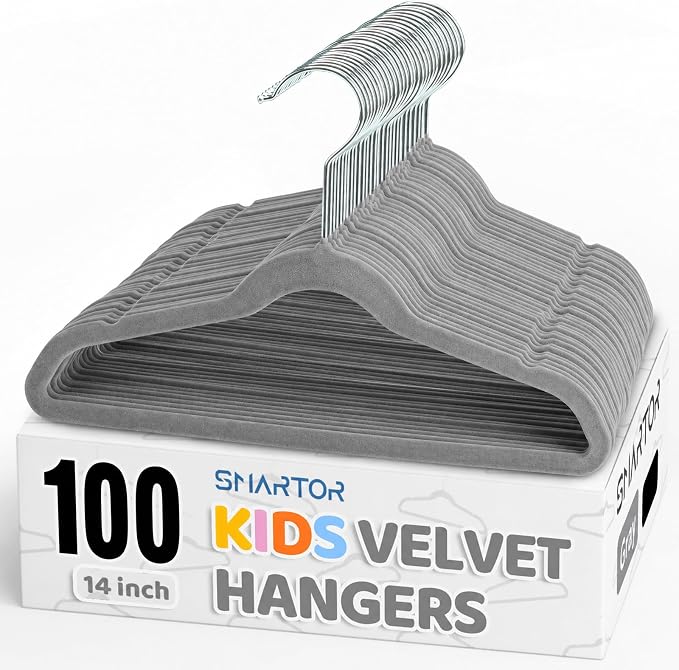 Smartor Premium 14 Inch Kids Hangers 100 Pack, Baby Velvet Hanger Non Slip | Grey Space Saving Felt Hangers Clothes Organizers for Closet with 360° Swivel Hook for Children, or Wholesale Small business