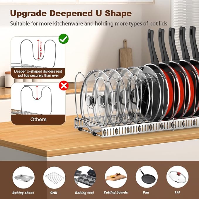 Housolution 2 Pack Pot and Pan Lid Organizer Holder Storage Rack, Silver | 12"-23" Expandable, 14 Adjustable Dividers, Sturdy Metal Construction, Easy Assembly