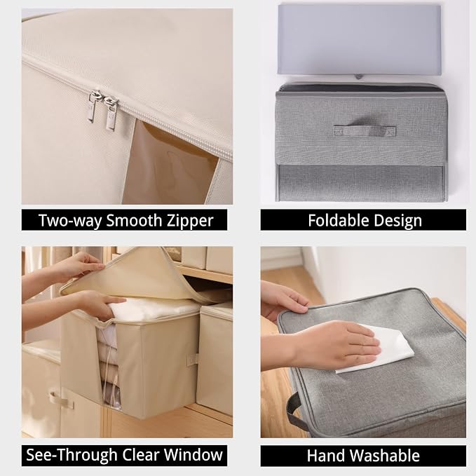 Under Bed Storage Containers Bags for Clothes, Blanket, Comforters Organizer with Clear window - 600D Cationic Fabric (M(21.7x16.5x7in) for under bed storage, Beige)