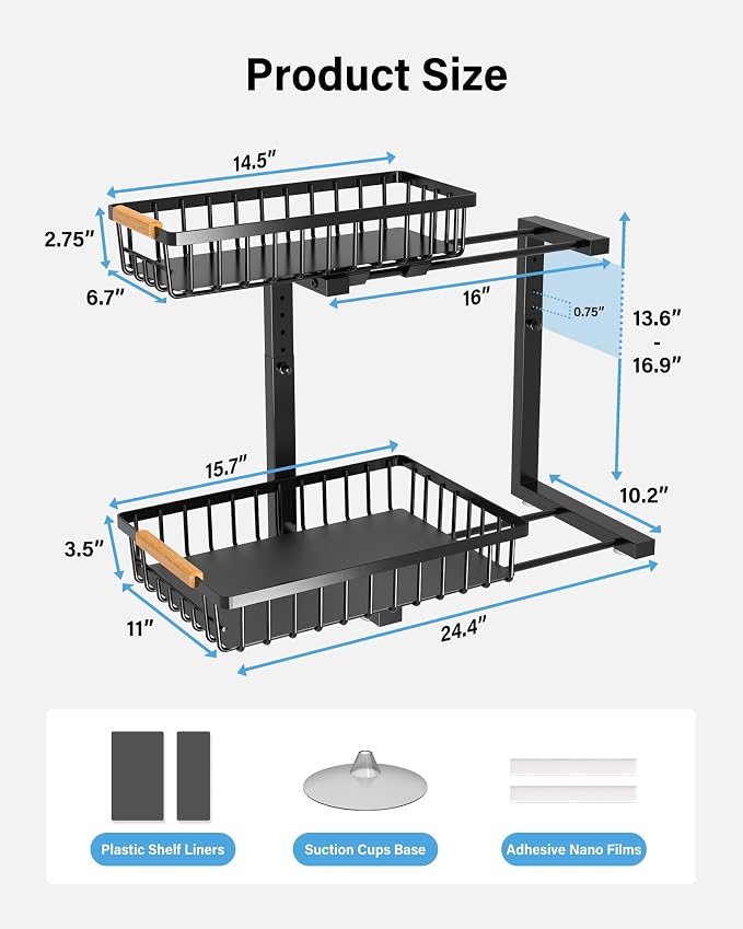 Under Sink Organizer Storage for Families: Pull Out Storage Undersink Organizers Drawer Cabinet - Sliding 2 Tier Rack Metal Organization Under Counter Kitchen Bathroom for Homemakers(Black,1 Pack)