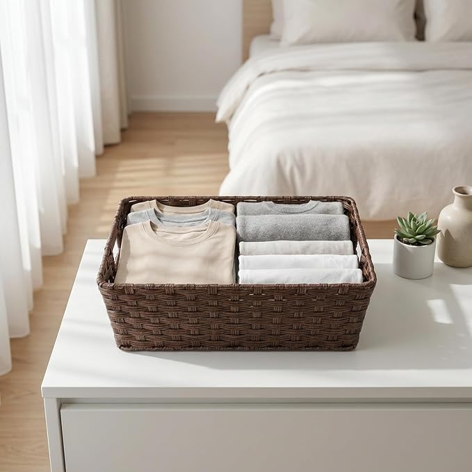 Large 2-Pack Plastic Wicker Storage Baskets, 17"x13"x5.5", Brown | Versatile woven bins for laundry, closet, living room, shelf organization, and even a cat bed – perfect home storage decor.