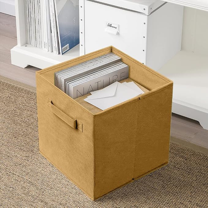 PowerKing Collapsible Storage Cubes with Handles, Fabric Foldable Bins for Closet Shelves, Durable Organization Storage Bins, 10.5'' x 11'' x 10.5'' (Khaki, 2Pack)