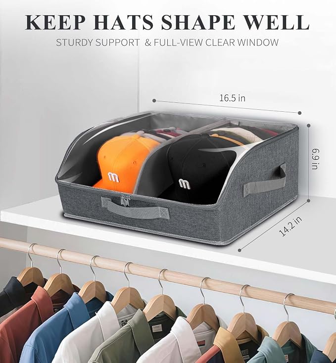 Hat Organizer for Baseball Caps, 2 Compartments Clear Window Hat Storage Box for Closet Hold Up to 24 Caps, Hats Holder Container with Sturdy Cardboard for Home Storage | Dark Gray