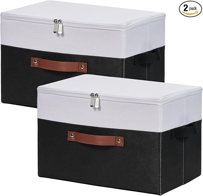 2 Pack Storage Boxes with Zipper Lid Cotton Linen Fabric Lidded Storage Bins Baskets Foldable Washable Closet Shelf Clothes Organizer Container Faux Leather Handles (Black White, Large)