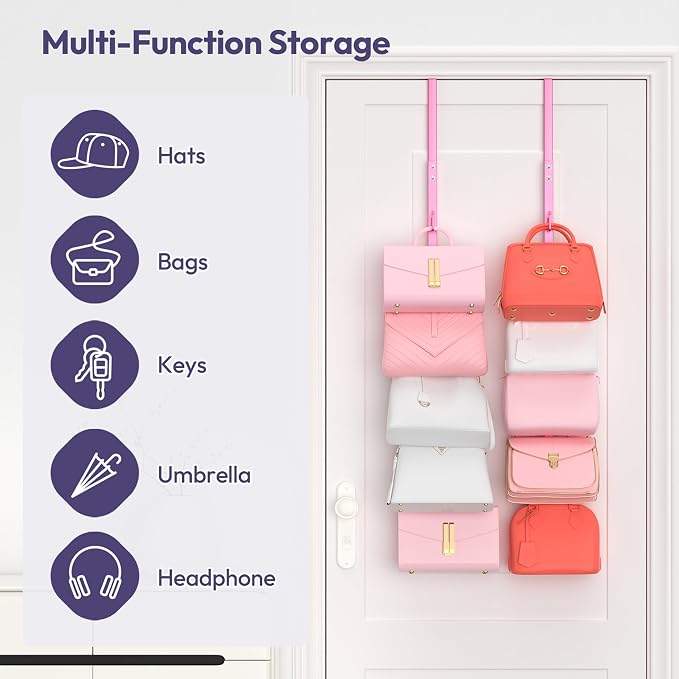 SWTYMIKI Over the Door Purse Organizer - 2 Packs Wall Mounted Purse Rack with 5 Hooks Design, Hanging Handbag Organizer Storage Holds up to 10 Bags, Bag Rack for Closet, Door (Pink)