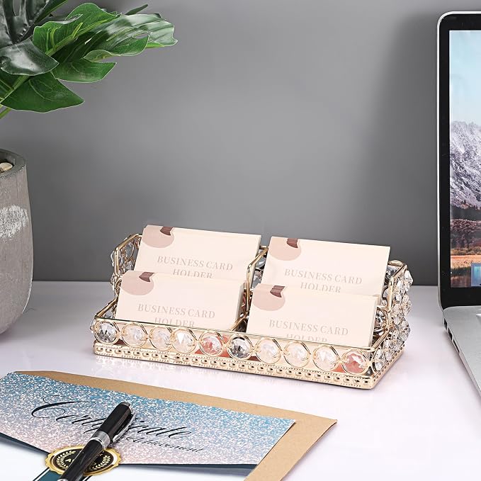 Hipiwe 2 Tiers Business Card Holder Gold Business Card Display Stand with 4 Slots Crystal Name Card Organizer for Office Exhibition Business